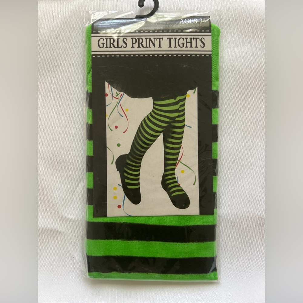 Girls Black And green Stripe Print Tights 3+ Witch  by Regent Halloween costume